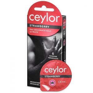 Ceylor *Strawberry* geschmackvolle Kondome mit Aroma-Gleitcreme, verpackt im hygienischen Dösli