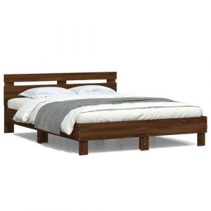 VidaXL Cadre de Lit avec Tête de Lit et LED, Lit Double avec Sommier à Lattes, Lit Adulte de Chambre, Chêne Marron 140x200 cm Bois d'Ingénierie