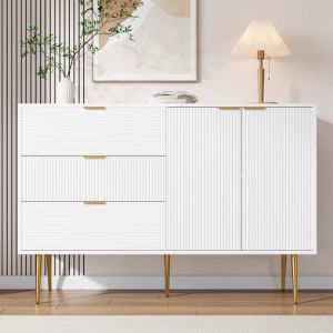Fortuna Lai - Buffet 120x38x80.5cm - meuble avec 2 portes et 3 tiroirs - étagères intérieures, avec poignées et pieds dorés - Blanc