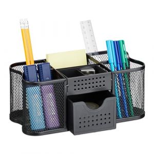 Relaxdays Organiseur Bureau, Rangement avec Porte-stylos & tiroir, métal, H x L x P : 10 x 23,5 x 11,5 cm, Noir