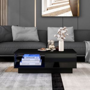 Wishdor - Table basse noire rectangulaire avec led et tiroir - 95 x 55 x 32 cm