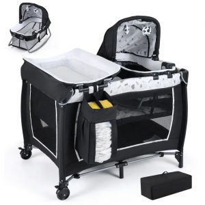 Lit B&eacute;b&eacute; Parapluie Avec Matelas 5 En 1 Costway-Berceau,Table &Agrave; Langer--Jouets Suspendus,Bo&icirc;te &Agrave; Musique Lumineuse-Roulettes-Beige