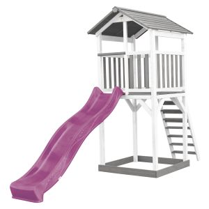 Axi Beach Tower Aire de Jeux avec Toboggan en Violet & Bac à Sable Grande Maison Enfant extérieur en Gris & blanc Cabane de Jeu en Bois fsc