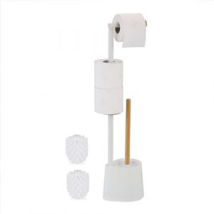 Relaxdays Serviteur WC, Bambou, Acier Inoxydable, Support à Poser, Brosse et Porte-Brosse, Blanc