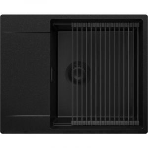 Evier Cuisine en Granit 62 x 50 cm Lavabo 1 bac + Siphon Classique + égouttoir enroulable, Évier à Encastrer de Primagran, Tout Noir