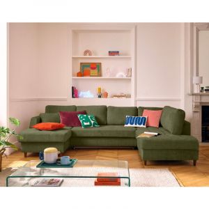 Anna - canap&eacute; panoramique d'angle droit 7 places convertible avec coffre en velours textur&eacute; - Vert Olive