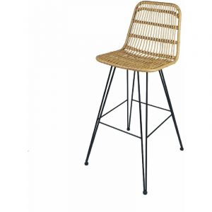 Kosmi Tabouret de bar style NATURE aspect rotin en résine tressée et pieds en métal noir