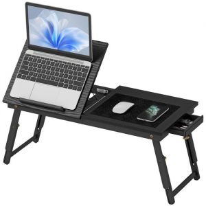 Homcom Table de lit pliable et réglable tiroir bambou noir