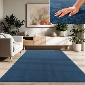 Paco Home Tapis De Salon Poils Ras Lavable Monochrome Style Moderne Bleu Marin 120x160 cm