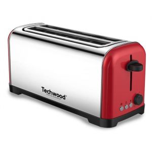 Techwood Grille Pain Inox Brossé TGPI-4025 - 2 longues et larges fentes - Puissance : 1200-1400W - Coloris Rouge
