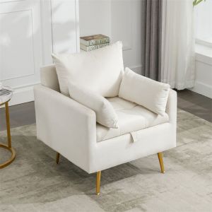 Fauteuil moderne en velours, fauteuil décontracté, fauteuil individuel avec coussin, avec pieds en métal rose doré, blanc