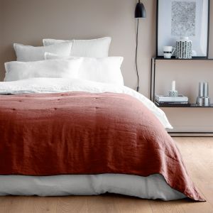 Blanc Cerise Plaid matelassé en lin lavé 110x230cm Rouge Terre