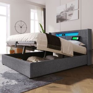 Lit coffre 160x200 cm avec LED et chargement USB Type C, structure de lit double avec sommier &agrave; lattes, tissu en lin, gris
