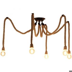 Rétro Lustre Suspension Araignee Corde de Chanvre avec 5 Bras E27 Douille, Industriel Lampe DIY 2.0m Fil Longueur Ajustable Luminaire Décoration