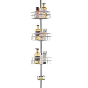 VEVOR Etagere de Douche deAngle Reglable 99-317,5 cm de Haut, Poteau Telescopique de Salle de Bain Multifonctionnel avec 3 Plateaux de Charge