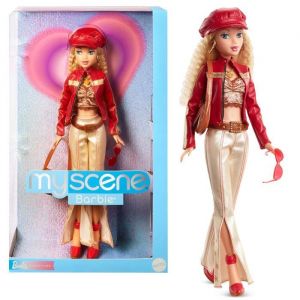 Mattel Signature My Scene Poupée et Accessoires, avec Tenue inspirée des années 2000 Comprenant Une Veste en Cuir synthétique, Un Pantalon évasé et Une Sacoche, Socle pour poupée, HYC17