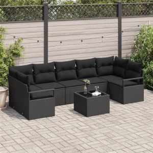VidaXL Set de Sofa de Jardin 8 Pièces avec Coussins Noir Poly Rattan, Sofa de Jardin 2 Places avec Rangement & Coussins Noir Poly Ratt