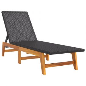 Transat chaise longue bain de soleil lit de jardin terrasse meuble d'ext&eacute;rieur noir/marron r&eacute;sine tress&eacute;e/bois massif d'acacia 02_0012784