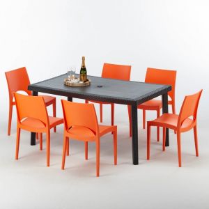 Grand Soleil Table rectangulaire et 6 chaises Poly rotin colorées 150x90 noir | Paris orange