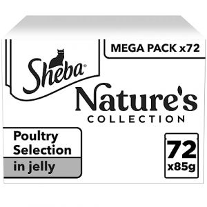 Sheba Nature's Collection Sélection délicate en gelée, Saveurs Poulet, Dinde, volaille, Canard, Nourriture Humide complète pour Chats Adultes, 72 sachets de 85 g