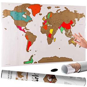 BAKAJI Carte du monde à gratter Carte géographique à gratter Taille 82,5 x 59,5 cm Fixation murale Design moderne Boîte cylindrique et fichier Idée cadeau Blanc