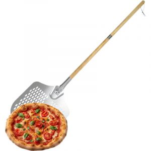 Relaxdays Pelle &agrave; pizza perfor&eacute;e, manche en bois amovible, 132 cm, en aluminium et inox, argent&eacute;e