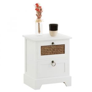 Idimex Table de chevet PADMA 2 tiroirs, table de nuit design vintage en bois lasuré blanc et rotin