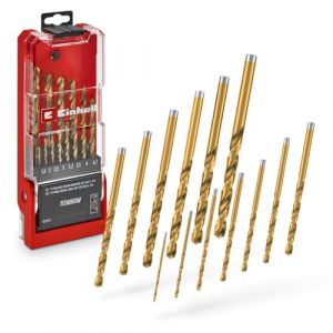 Einhell Original 13-pièces HSS-G Jeu de forets à métaux en titane (acier HSS 4341 affûté en totalité, revêtement titane, pointe Split-Point 135°, spirale fraisée type N, tige ronde)