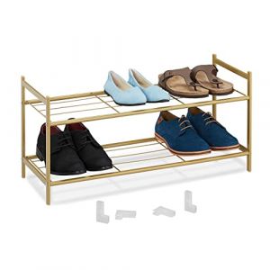 Relaxdays Étagère à chaussures en métal, 2 niveaux, empilable, porte-chaussures HLP 33,5x70x26 cm, pour 6 paires, doré