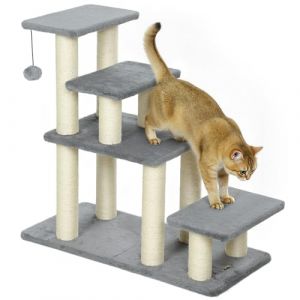 Pawhut Escalier pour animaux domestiques - réglable 3/4 marches - avec griffoirs en sisal et balle - 70 x 32 x 68 cm - gris