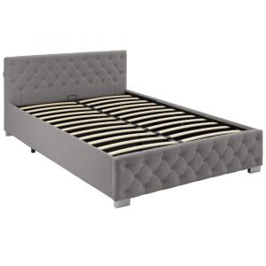 TecTake Lit capitonné avec bandes led et espace de rangement - gris foncé, 140 x 200 cm