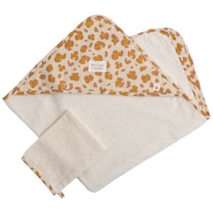 Cape de bain b&eacute;b&eacute; en gaze de coton et gant l&eacute;opard