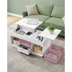 Table basse 2 tiroirs compartiments cachés et ouverts blanc neige