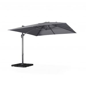 Sweeek Parasol d&eacute;port&eacute; carr&eacute; gris 3x3m structure grise + Lot de 4 dalles &agrave; lester 50x50cm