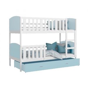 Lit Superposé Tomy 90x190 Blanc - bleu Livré avec sommiers, tiroir et matelas en mousse de 7cm - Blanc - bleu