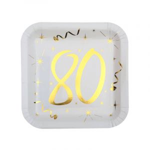 Axho 10 Assiettes en Carton Anniversaire - Blanc et Or - 80 ans