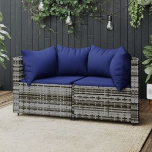 VidaXL Canapés d'angle de jardin et coussins 2 pcs gris résine tressée Gris et bleu