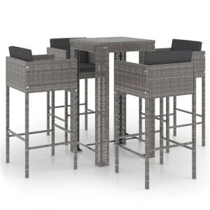 Mercatoxl Ensemble de bar de jardin 5 pcs et coussins Résine tressée Gris