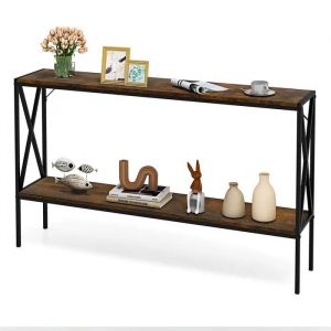 Costway Table Console Étroit À 2 Niveaux, Style Industrielle, Cadre En Métal Pour Couloir, Salon, Foyer, Marron Rustique