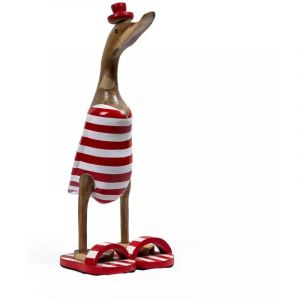 Meubletmoi - Statuette d&eacute;corative 40 cm canard rouge blanc ray&eacute; en teck &ndash; dafly