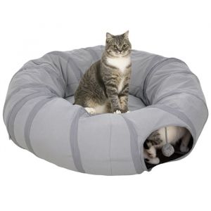 Pawhut Tunnel pour chat intérieur - avec lit et coussin - pliable - trous pour balles et judas - tissu suède doux - gris