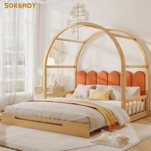 Lit Adultes - SOKERDY - Lit à Toit Arqué Extensible - Bois de Pin - Velours - Naturel et Orange - 140x200 cm