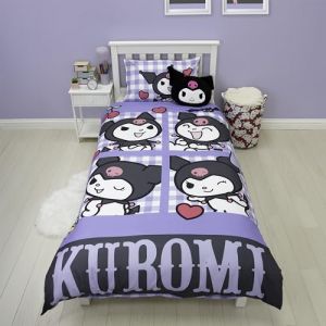 Sanrio Parure de lit Simple, Motif Rebelle, sous Licence Officielle | Parure de lit r&eacute;versible Kuromi Double Face avec taie d'oreiller Assortie | Id&eacute;ale pour Une Chambre d'enfant | Polycoton