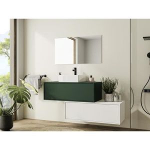 Meuble de salle de bain suspendu vert et blanc avec simple vasque et deux tiroirs - 94 cm - TEANA II