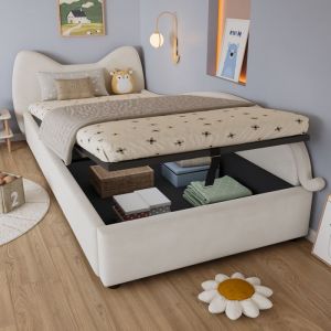 Lit coffre pour enfants 90x200cm - tête de lit en forme de chat - clôture de droite - velours+contreplaqué - Beige(sans matelas)