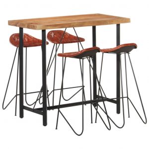 VidaXL Ensemble de bar 5 pcs Bois solide et cuir véritable