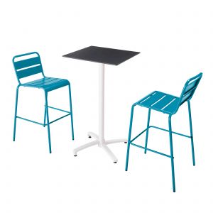 Oviala Ensemble table haute stratifié noir et 2 chaises hautes bleu pacific