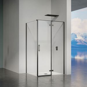 Grand Verre - Cabine de douche en verre et alu noir avec porte pivotante ouvrante vers la droite 140x80x195