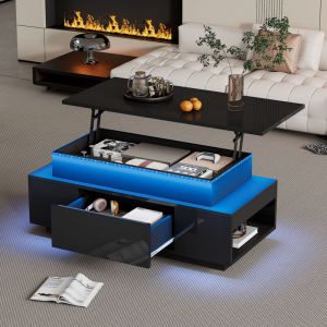 Table basse relevable noire avec rangement cach&eacute;, table de canap&eacute; LED, 1 tiroir, convient pour salon/chambre, 96&times;45&times;40cm