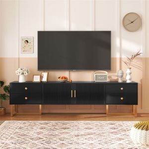 Meuble TV 175x30x46cm, panneau bas avec porte texturée, iroirs, poignées dorées et pieds dorés, noir